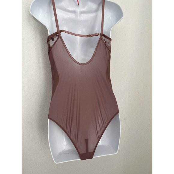 BLASHE Lace Bustier Bodysuit Rose Pink Medium Semi Sheer Lace Thong - Picture 2 of 5